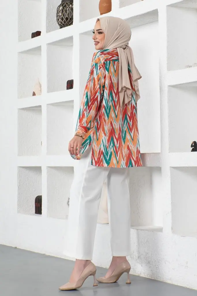 8887 Desenli Tesettür Gömlek Oranj-detail