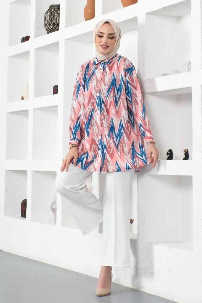 8887 Desenli Tesettür Gömlek Pembe-detail