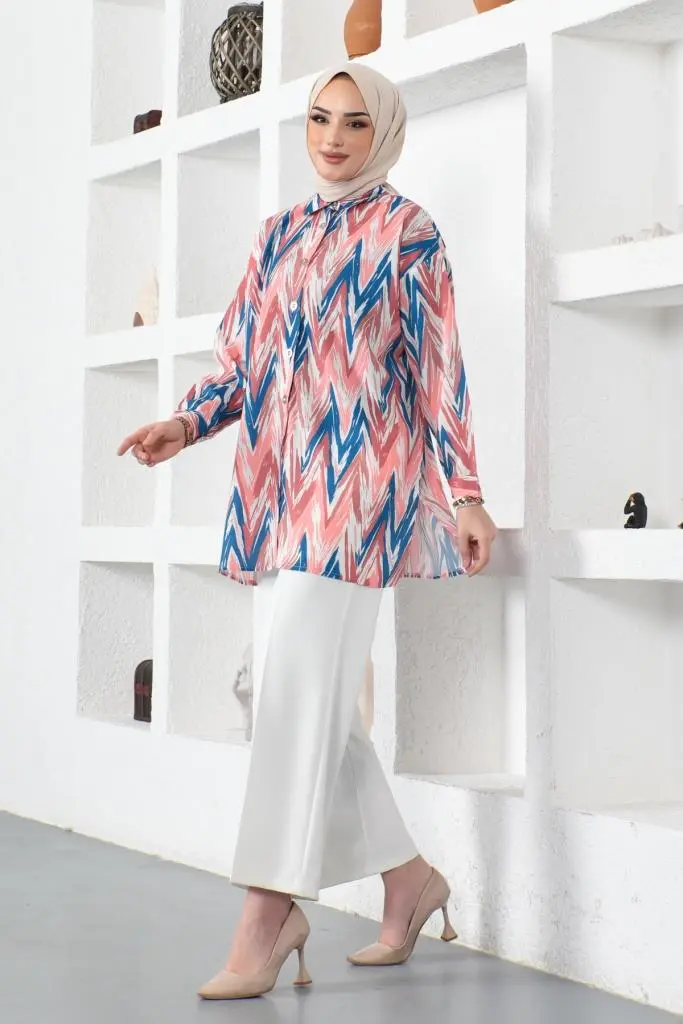 8887 Desenli Tesettür Gömlek Pembe-detail