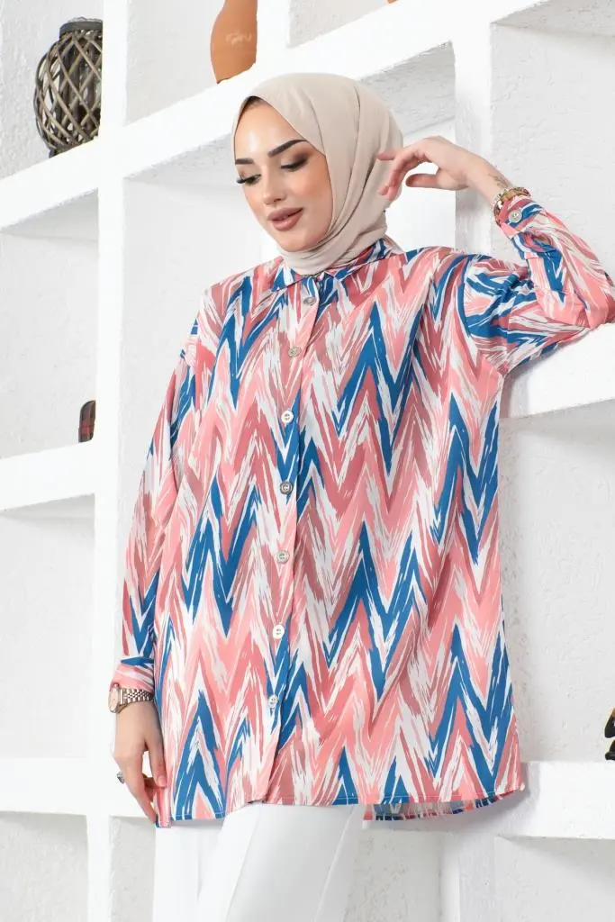 8887 Desenli Tesettür Gömlek Pembe-detail