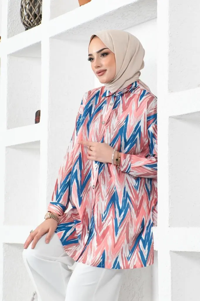 8887 Desenli Tesettür Gömlek Pembe-detail