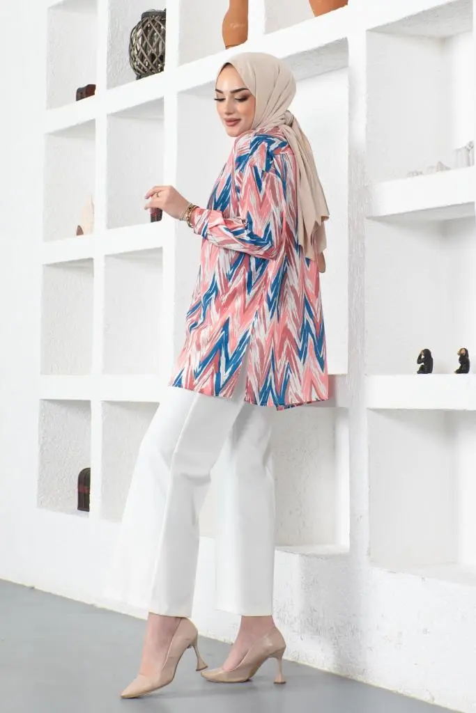 8887 Desenli Tesettür Gömlek Pembe-detail