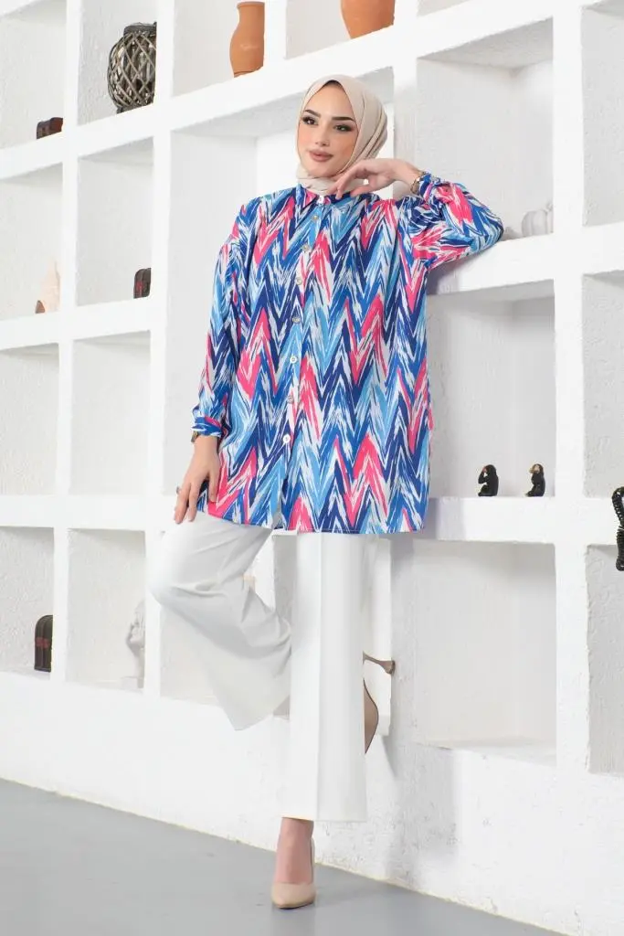 8887 Desenli Tesettür Gömlek Saks Mavisi-detail