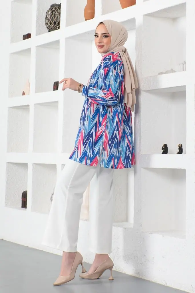 8887 Desenli Tesettür Gömlek Saks Mavisi-detail