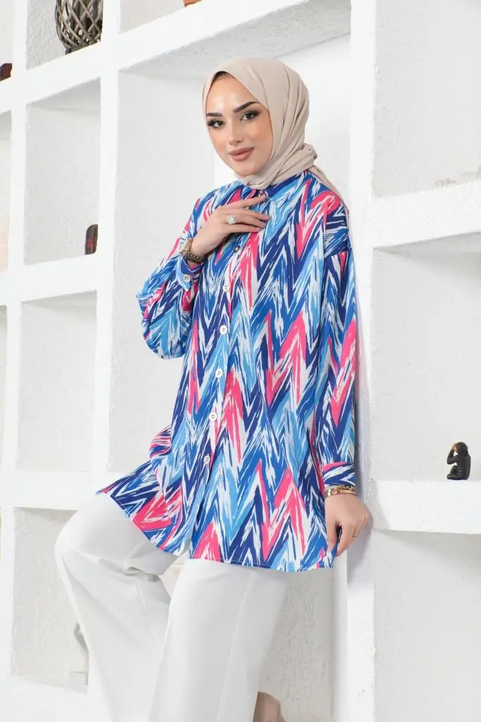 8887 Desenli Tesettür Gömlek Saks Mavisi-detail