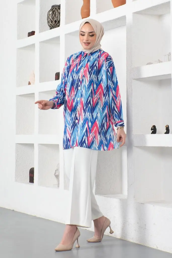 8887 Desenli Tesettür Gömlek Saks Mavisi-detail