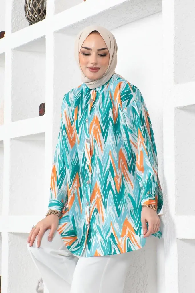 8887 Desenli Tesettür Gömlek Turkuaz-detail