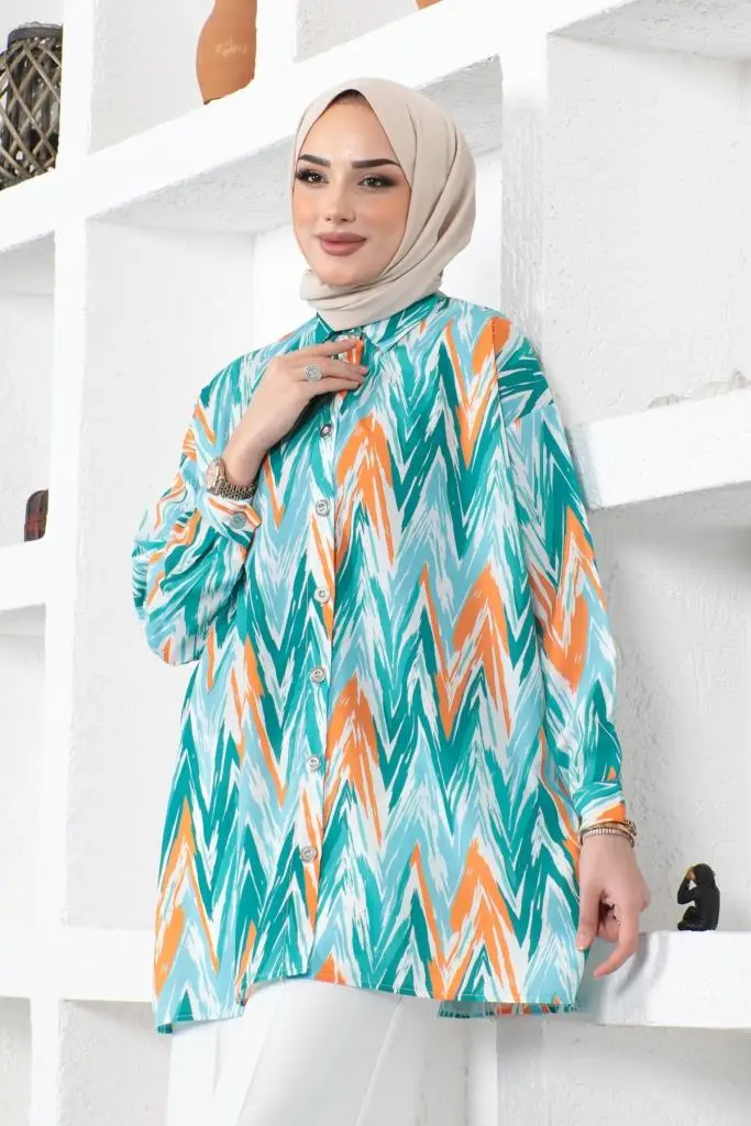 8887 Desenli Tesettür Gömlek Turkuaz-detail