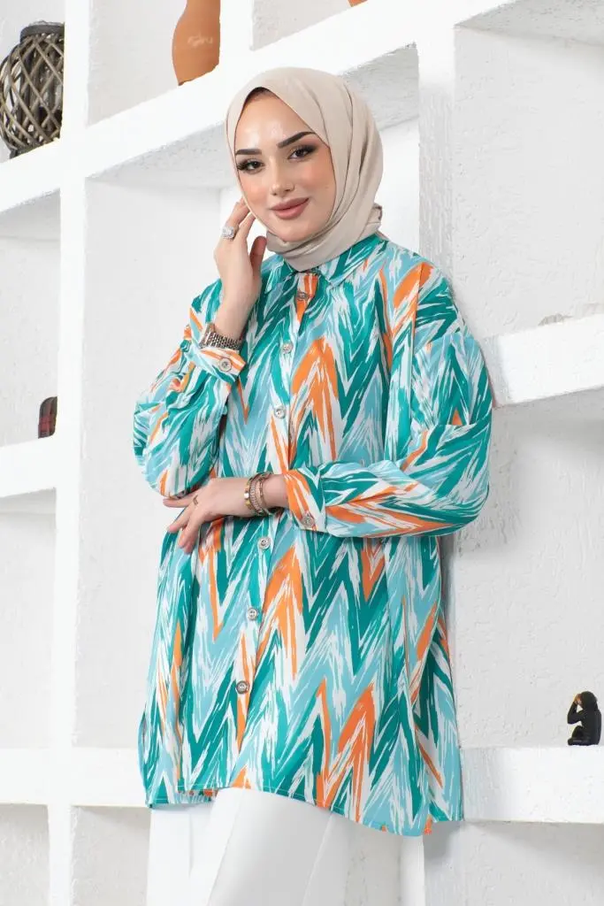 8887 Desenli Tesettür Gömlek Turkuaz-detail