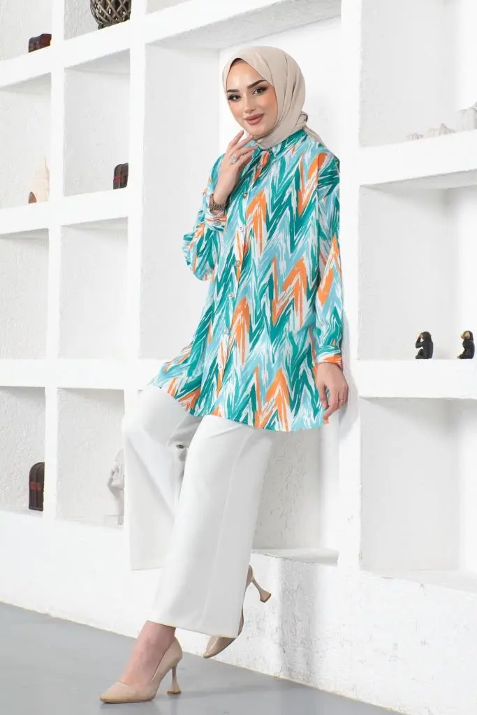 8887 Desenli Tesettür Gömlek Turkuaz-detail
