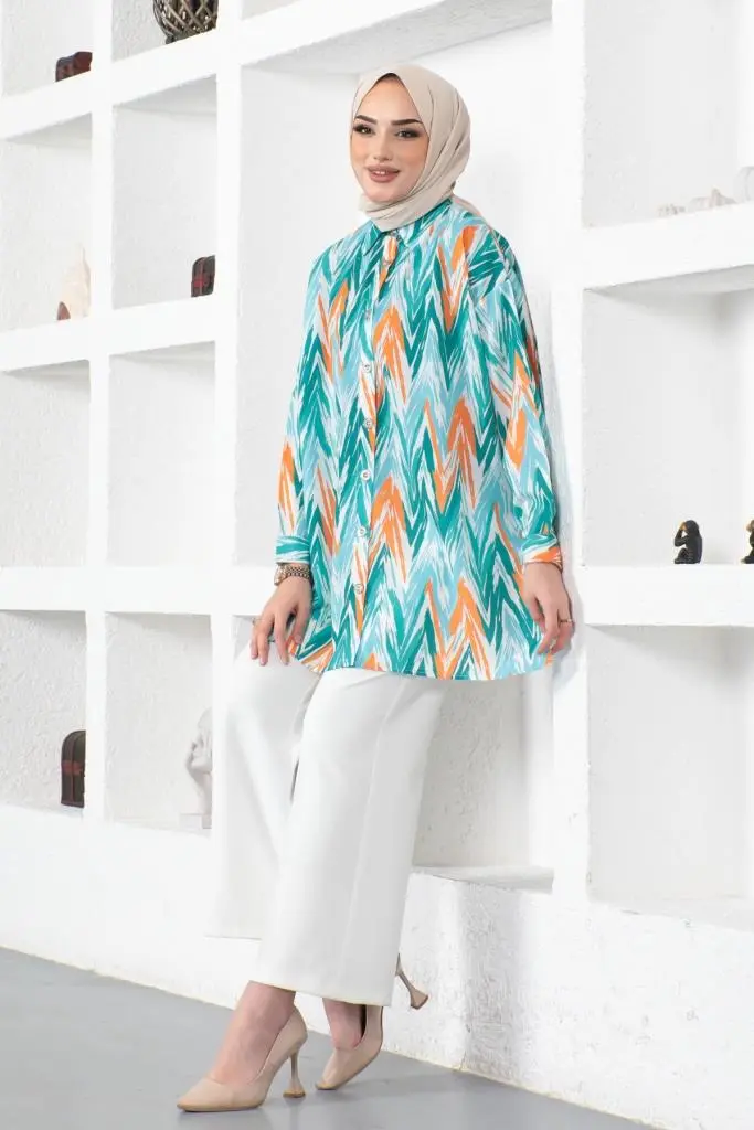 8887 Desenli Tesettür Gömlek Turkuaz-detail