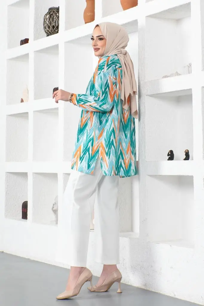8887 Desenli Tesettür Gömlek Turkuaz-detail