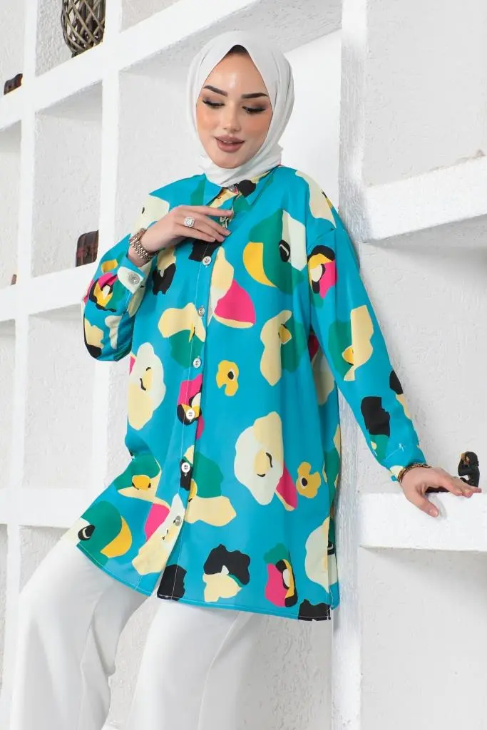 8888 Desenli Tesettür Gömlek Turkuaz-detail