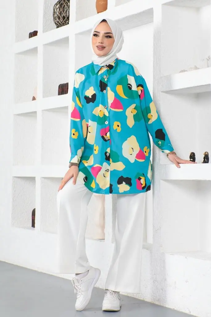 8888 Desenli Tesettür Gömlek Turkuaz-detail