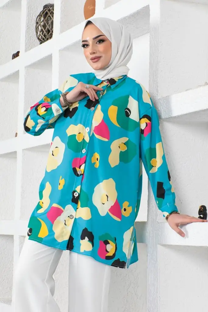 8888 Desenli Tesettür Gömlek Turkuaz-detail
