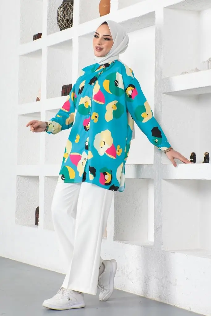 8888 Desenli Tesettür Gömlek Turkuaz-detail