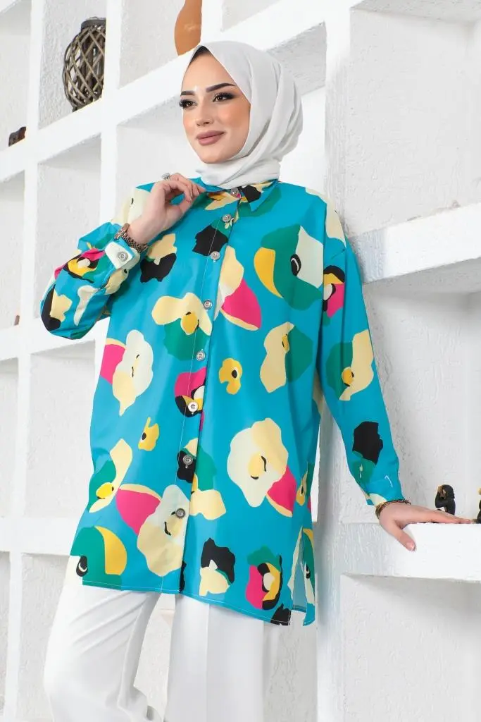8888 Desenli Tesettür Gömlek Turkuaz-detail
