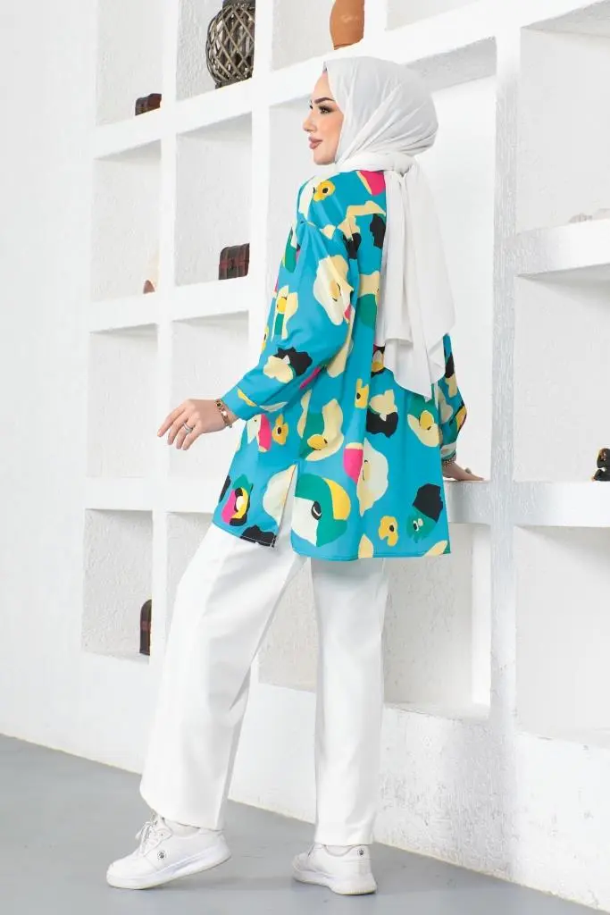 8888 Desenli Tesettür Gömlek Turkuaz-detail