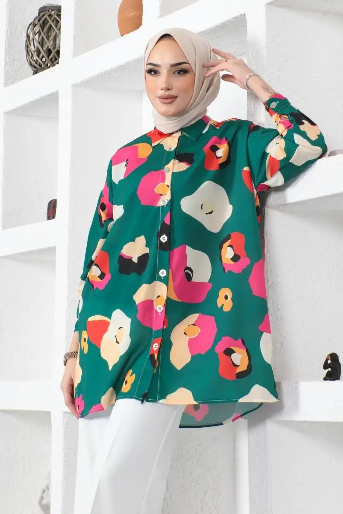 8888 Desenli Tesettür Gömlek Zümrüt Yeşili-detail