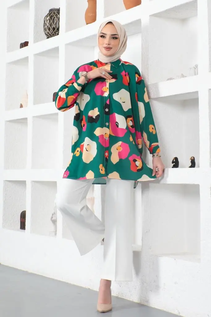 8888 Desenli Tesettür Gömlek Zümrüt Yeşili-detail