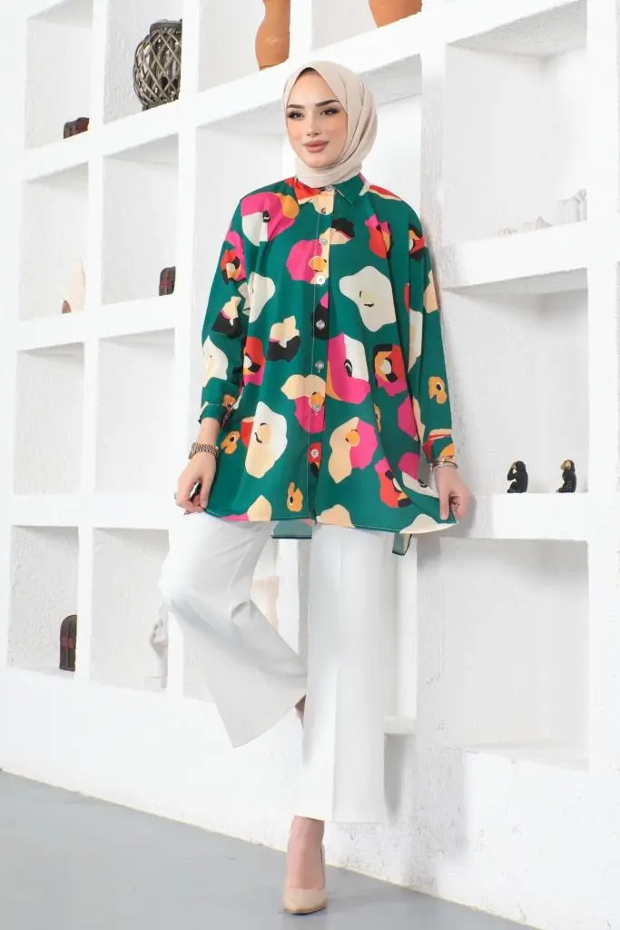 8888 Desenli Tesettür Gömlek Zümrüt Yeşili-detail