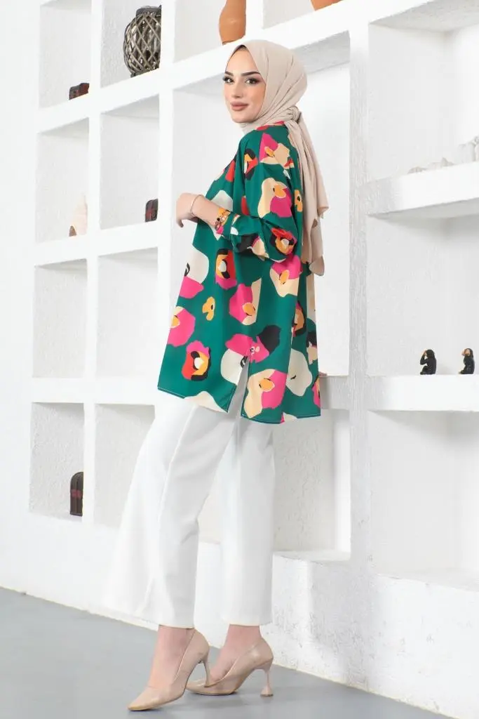 8888 Desenli Tesettür Gömlek Zümrüt Yeşili-detail