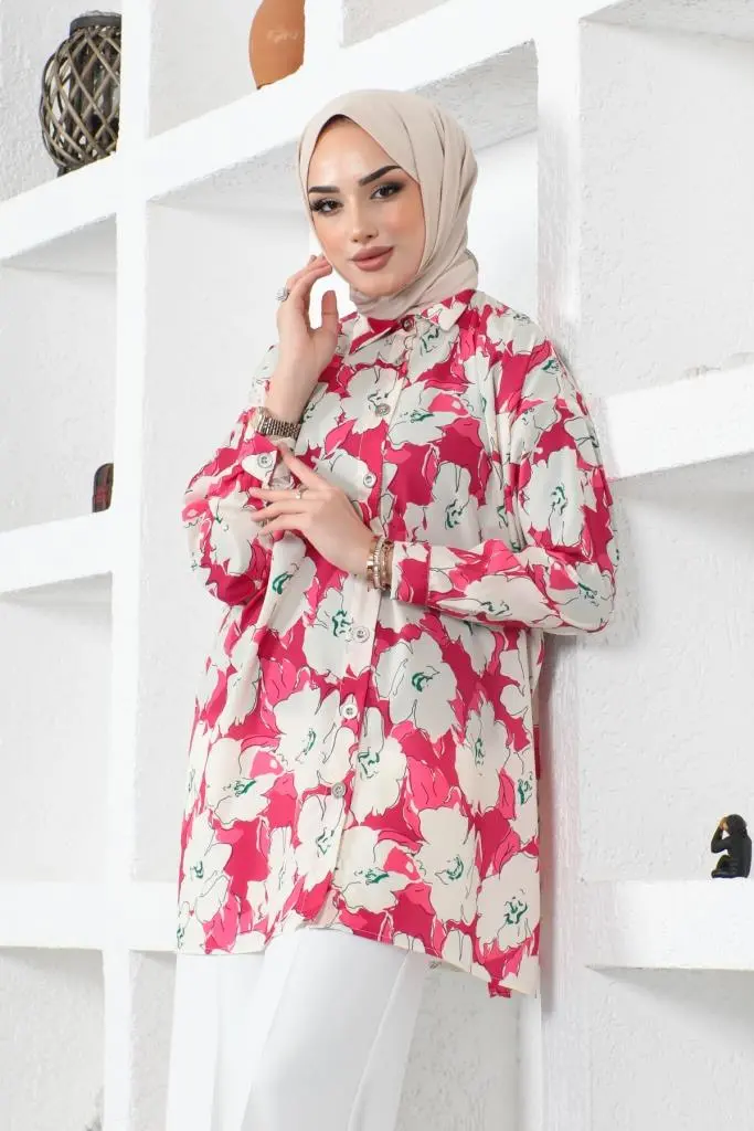 8889 Desenli Tesettür Gömlek Fuşya-detail