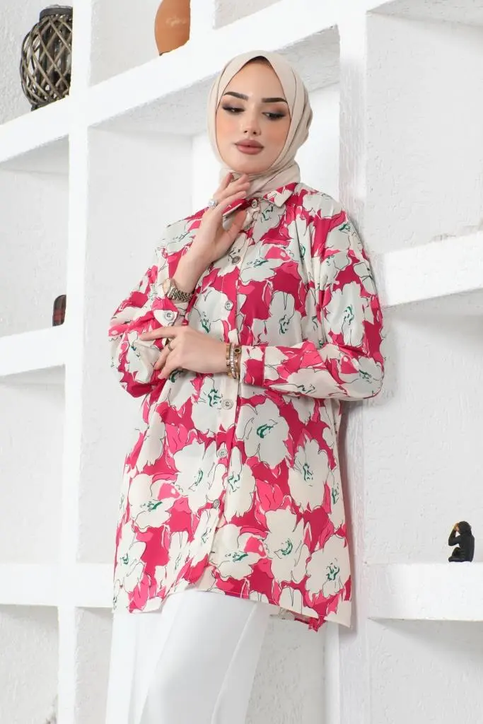 8889 Desenli Tesettür Gömlek Fuşya-detail