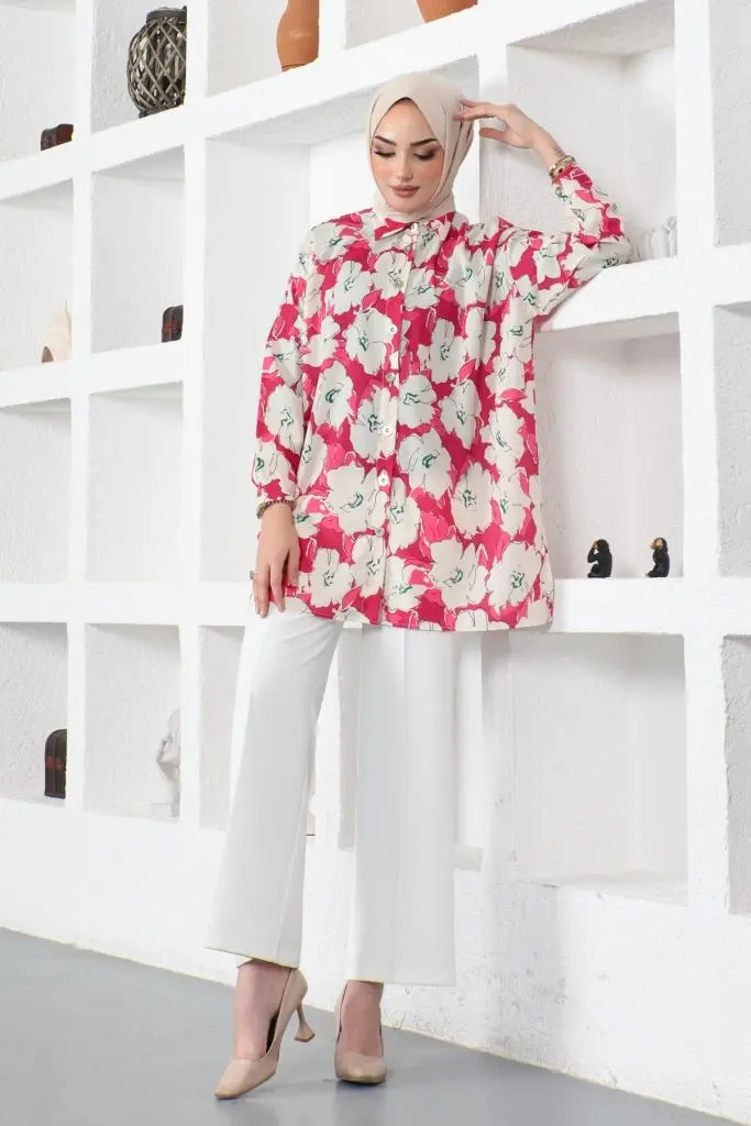8889 Desenli Tesettür Gömlek Fuşya-detail