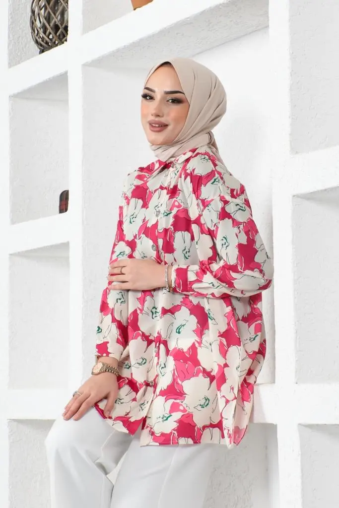 8889 Desenli Tesettür Gömlek Fuşya-detail