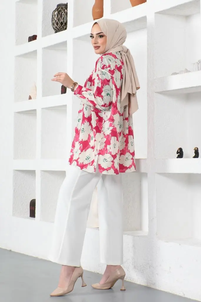 8889 Desenli Tesettür Gömlek Fuşya-detail