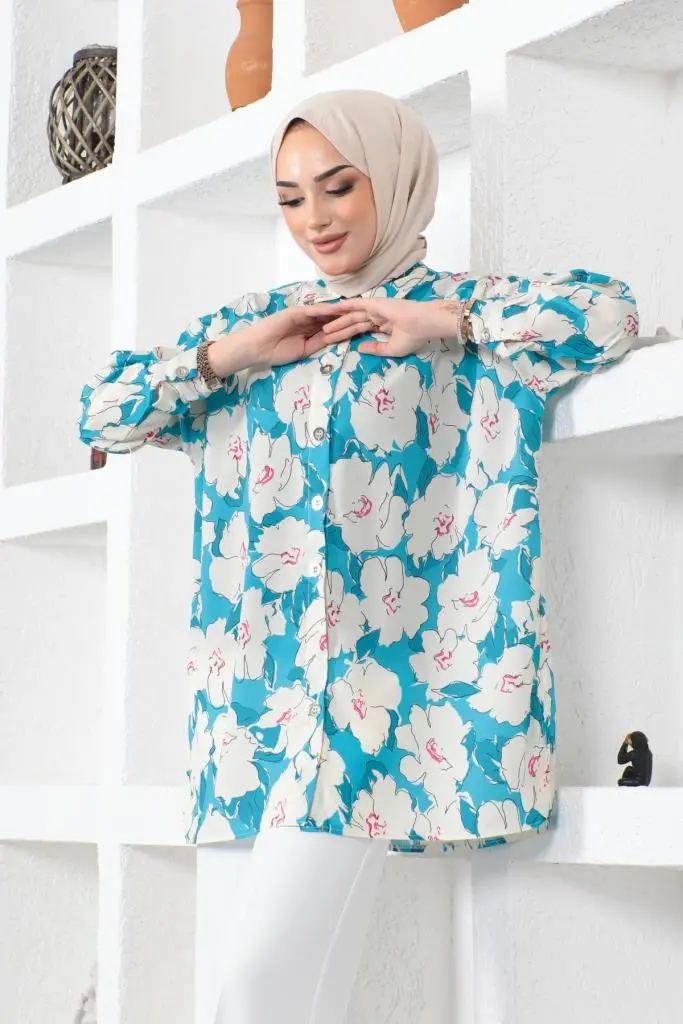 8889 Desenli Tesettür Gömlek Turkuaz-detail