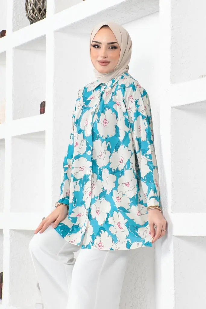 8889 Desenli Tesettür Gömlek Turkuaz-detail