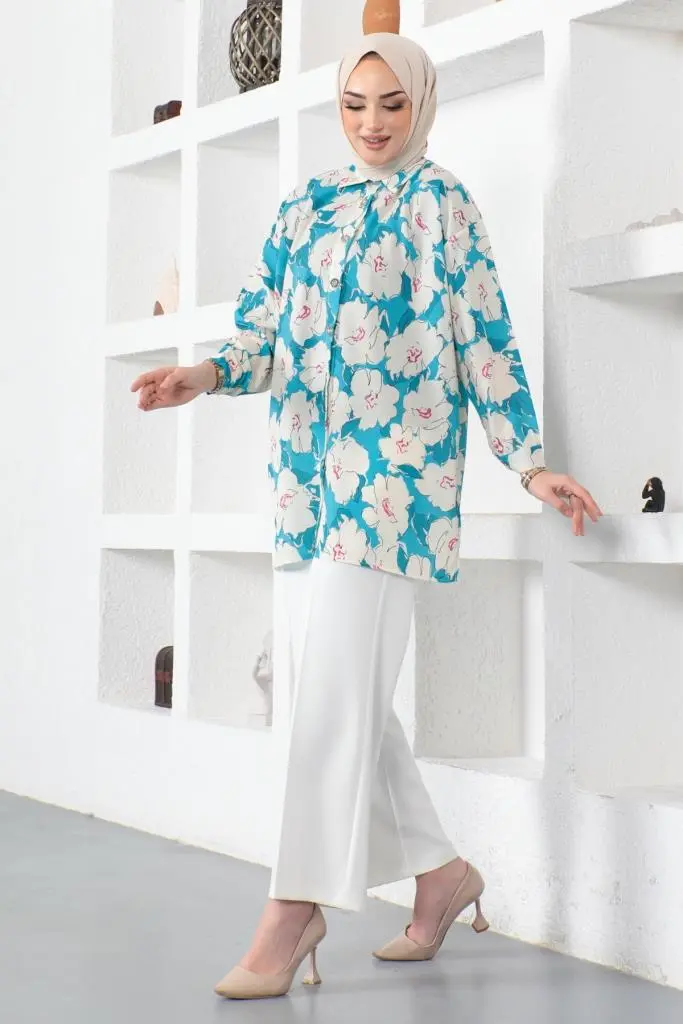 8889 Desenli Tesettür Gömlek Turkuaz-detail