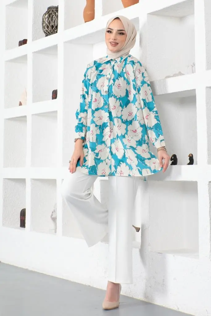 8889 Desenli Tesettür Gömlek Turkuaz-detail