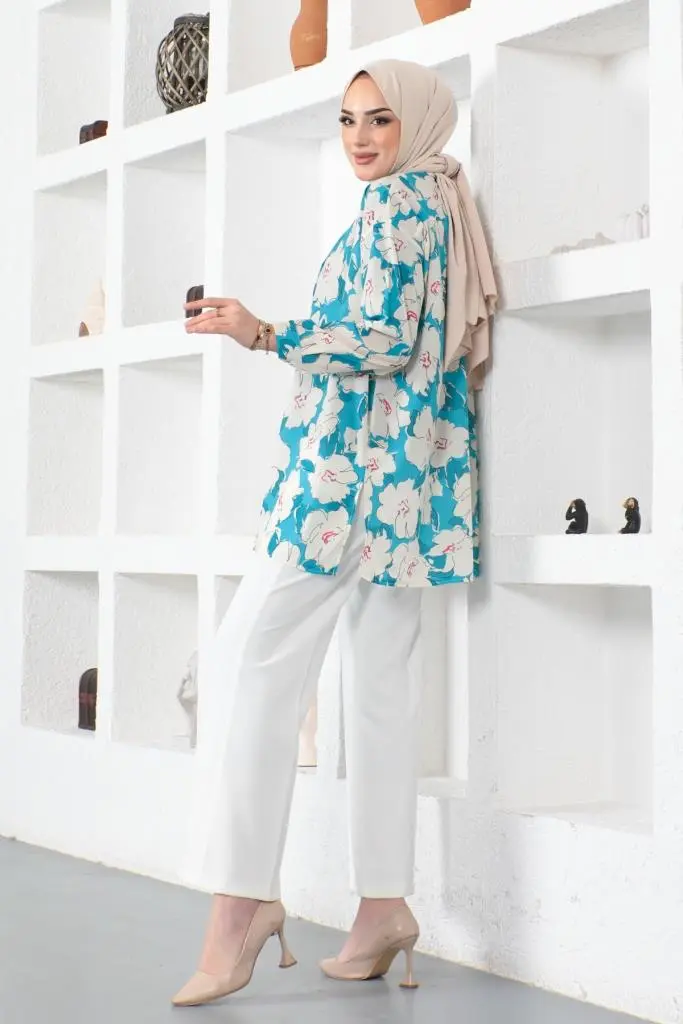 8889 Desenli Tesettür Gömlek Turkuaz-detail