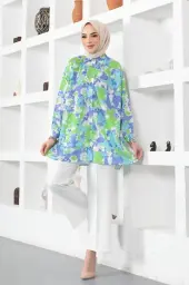 8890 Desenli Tesettür Gömlek Fıstık Yeşili