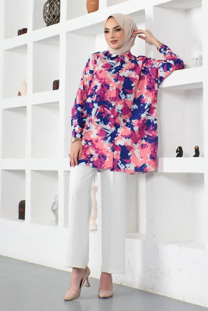 8890 Desenli Tesettür Gömlek Fuşya-detail