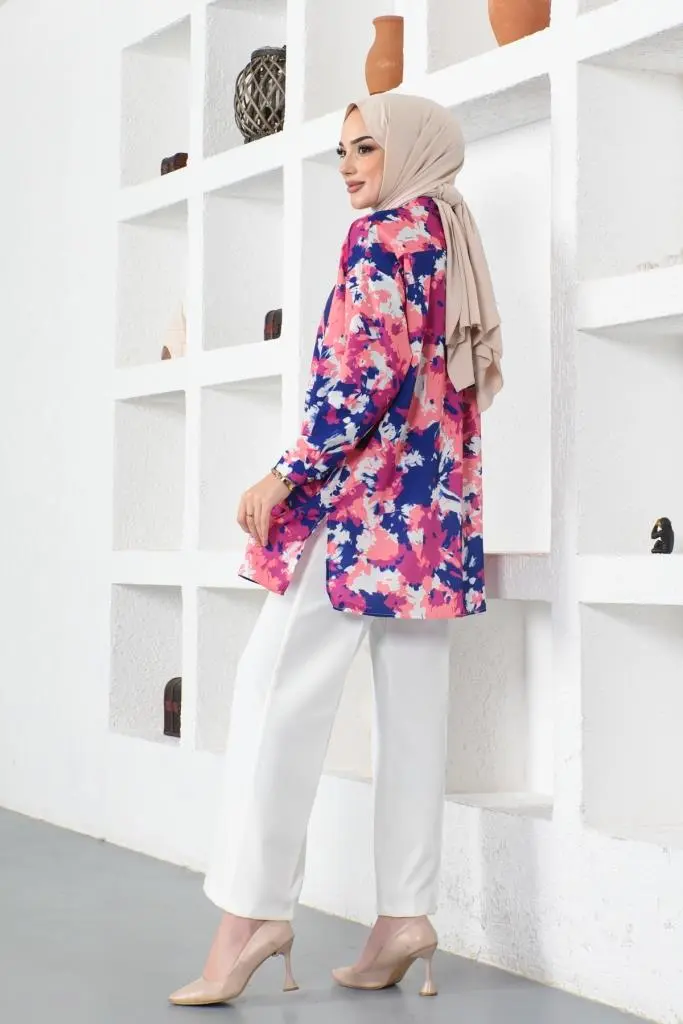 8890 Desenli Tesettür Gömlek Fuşya-detail