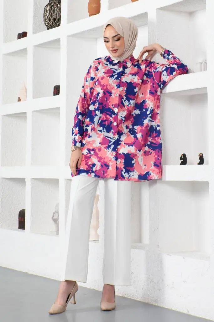 8890 Desenli Tesettür Gömlek Fuşya-detail