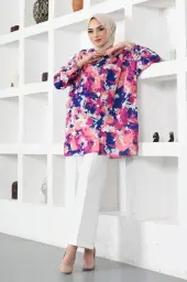 8890 Desenli Tesettür Gömlek Fuşya