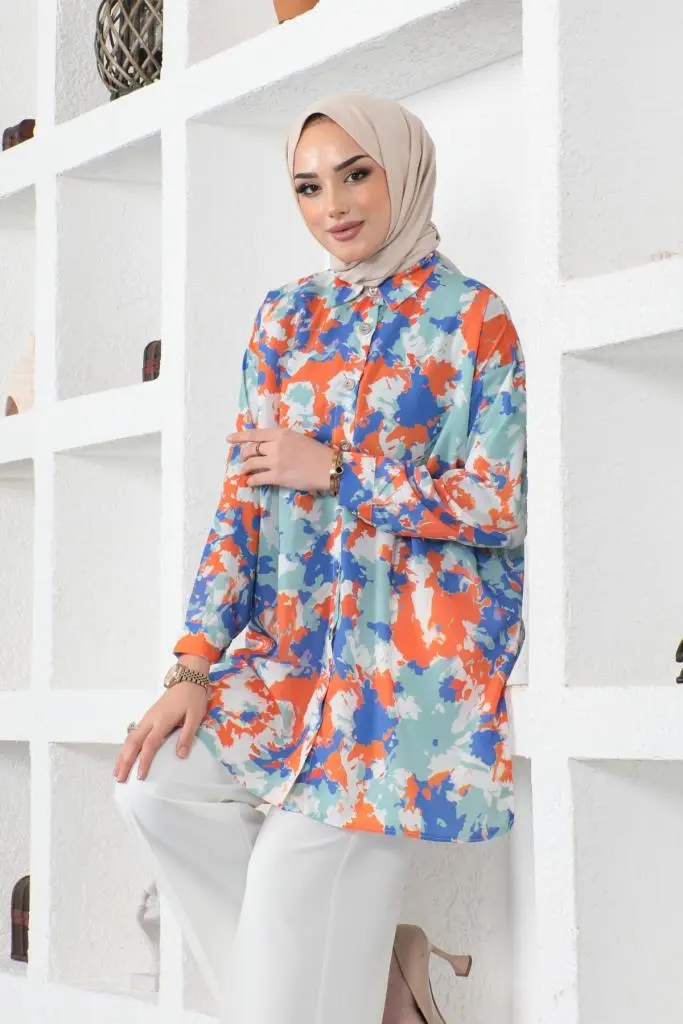 8890 Desenli Tesettür Gömlek Oranj-detail