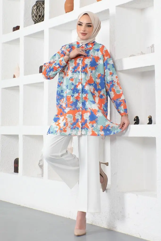 8890 Desenli Tesettür Gömlek Oranj-detail