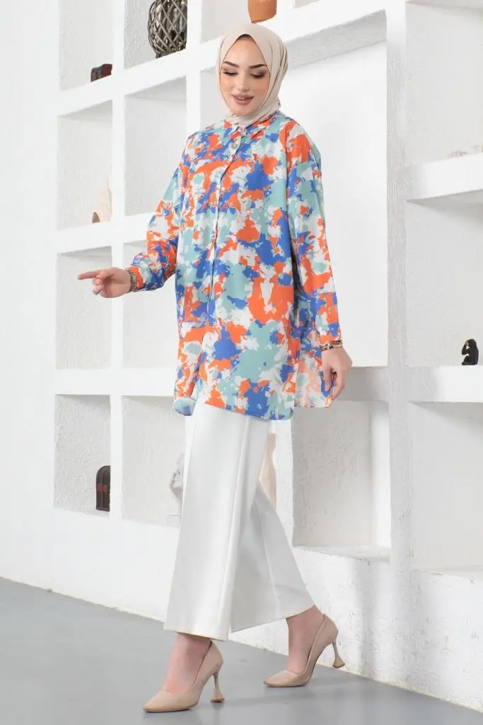 8890 Desenli Tesettür Gömlek Oranj-detail