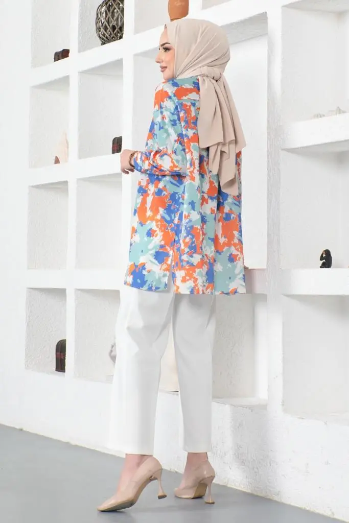 8890 Desenli Tesettür Gömlek Oranj-detail
