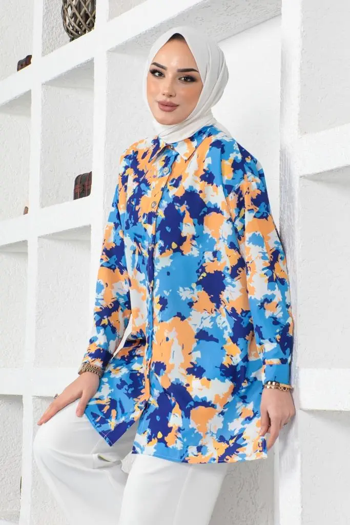 8890 Desenli Tesettür Gömlek Saks Mavisi-detail