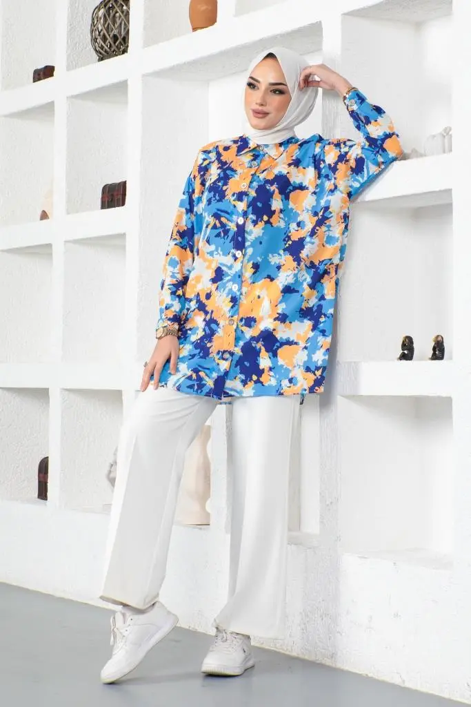8890 Desenli Tesettür Gömlek Saks Mavisi-detail