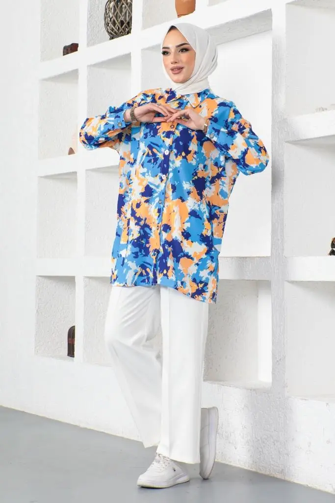 8890 Desenli Tesettür Gömlek Saks Mavisi-detail