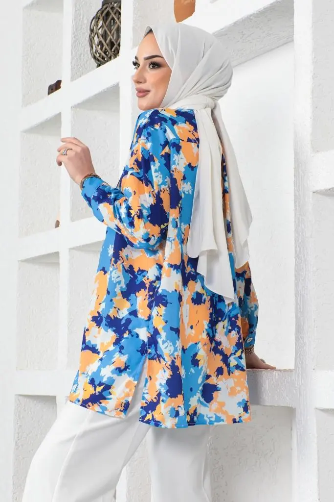 8890 Desenli Tesettür Gömlek Saks Mavisi-detail