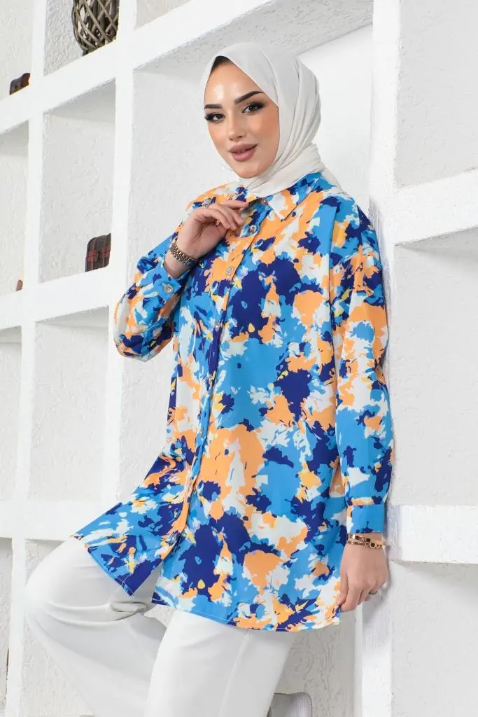8890 Desenli Tesettür Gömlek Saks Mavisi-detail